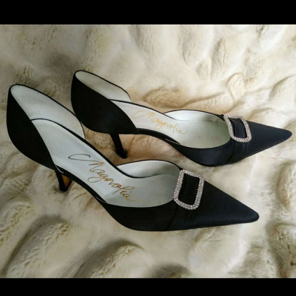 Black Satin Rhinestone Buckle Heels